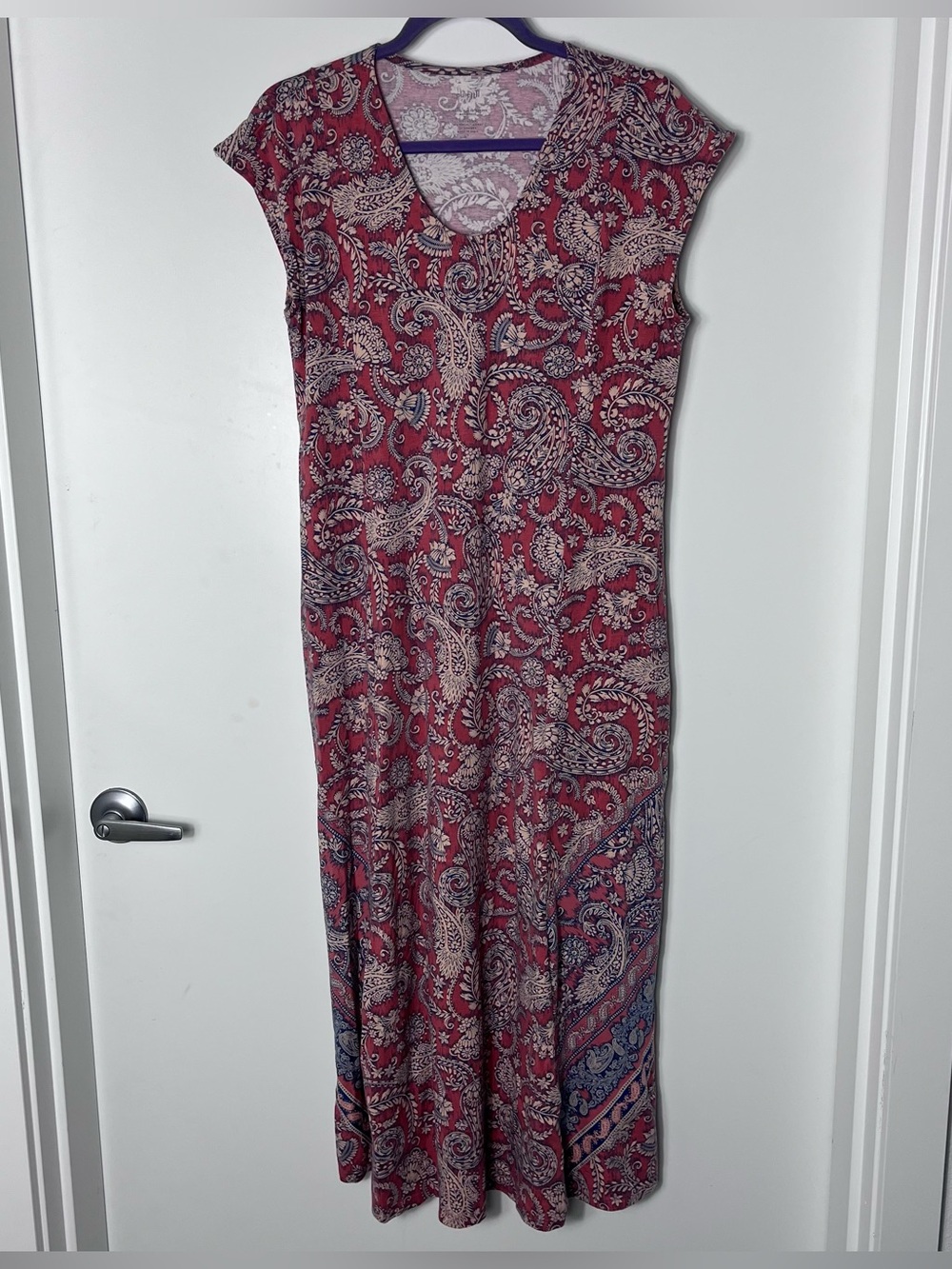 J. Jill PureJill Placed Border Maxi Dress Soft Poetry Paisley Red Cap-Sleeve S